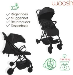 WOOSH New Buggy - Zwart - One Hand Folding - 3 Slaapstanden - Wandelwagen Tot 25 Kg - Regenhoes - Bekerhouder - Muggennet
